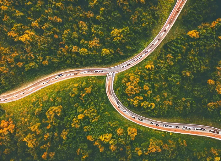 Prompt: symmetry!! a 2 8 mm macro aerial view of a beautiful winding mountain road in europe, photography, film, film grain, canon 5 0 mm, cinematic lighting