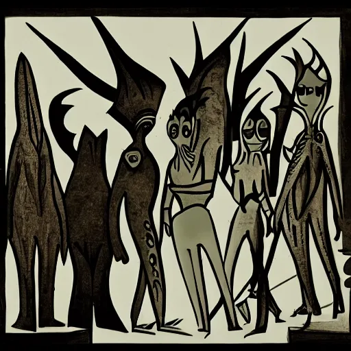 Image similar to group of cartoon characters standing in front of a fire, concept art by Lotte Reiniger, cg society, harlem renaissance, hellish background, lovecraftian, matte drawing