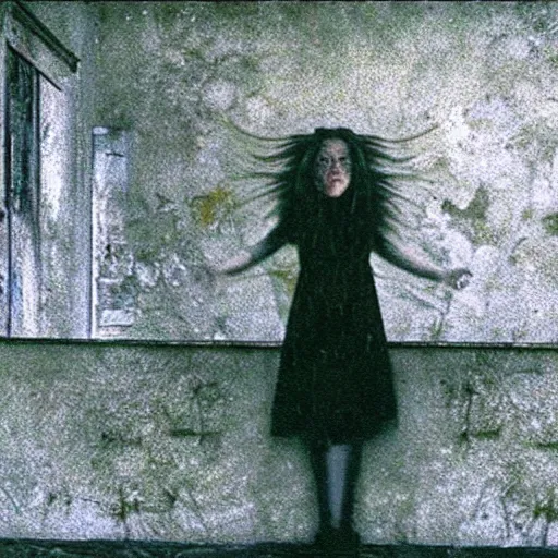 Image similar to 3 5 mm color photography, joel - peter witkin, beksinski, and stephen gammell, video still of abandoned government facility with floating woman with long hair glitch nightmare