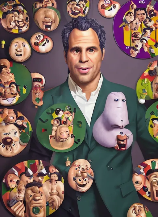 Prompt: hyperrealistic mark ruffalo on a dartboard with a trippy surrealist mark ruffalo portrait surrounded by big fat sausages by aardman animation and Kotobukiya