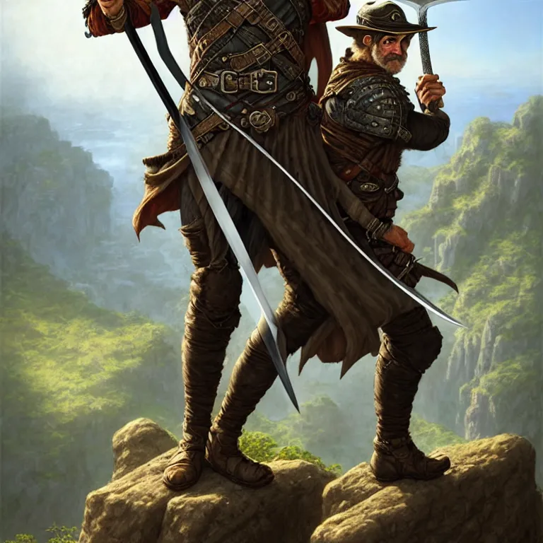 Image similar to middle age ranger with rugged expresions falcon pet on his sholder holding a long sword, top a cliff observing old ruins of a castle, elegant clothing, photorealistic render, matte patining, highly detailed, artstation, smooth, sharp focus, art by michael whelan, artgerm, greg rutkowski