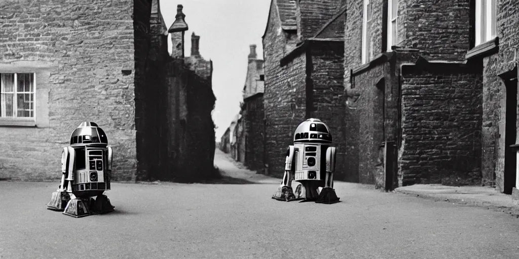 Image similar to vintage photo of a R2D2 on empty streets of 18th century England