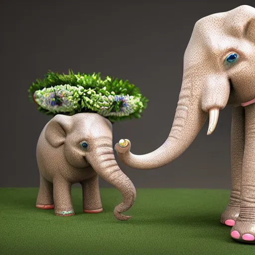 Image similar to ultra - realistic 3 d render of porcelain mother elephant and child elephants infected with flowers, beautiful, elegant