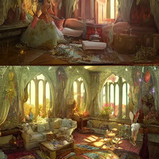 Prompt: a beautiful interior of a fairy castle, fully decorated, furnished with fairy furniture, fairy aesthetics, concept art, by greg rutkowski, alphonso mucha and elena dudina. high details, global illumination