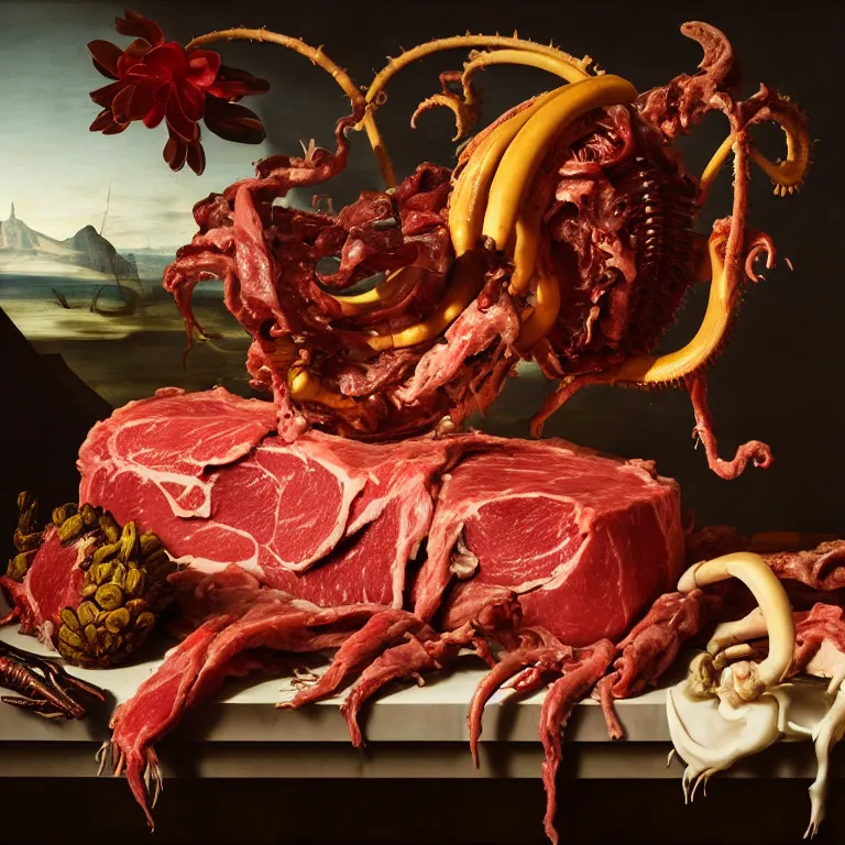 Image similar to still life of rotten meat, xenomorph, beautiful tropical flowers, human spine, tropical fruit baroque painting, beautiful detailed intricate insanely detailed octane render, 8K artistic photography, photorealistic, chiaroscuro, Raphael, Caravaggio