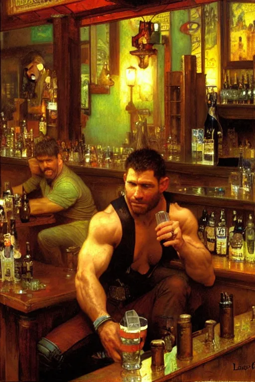 Image similar to chris redfield drinking beer in a bar, painting by gaston bussiere, craig mullins, greg rutkowski, alphonse mucha