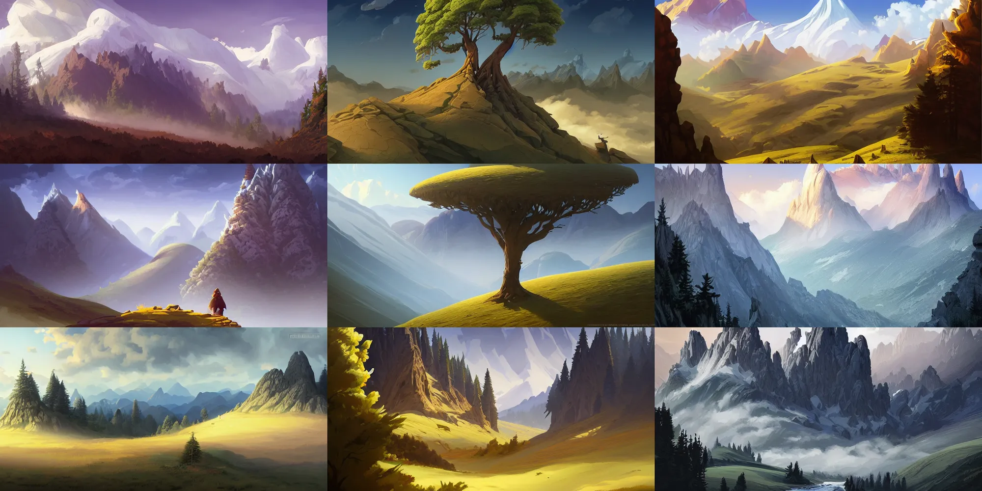 Image similar to mountain landscape without people, high trees, top of the hill, above low layered clouds, deep focus, fantasy, intricate, elegant, highly detailed, digital painting, artstation, concept art, matte, sharp focus, illustration, hearthstone, art by rhads and artgerm and greg rutkowski and alphonse mucha.