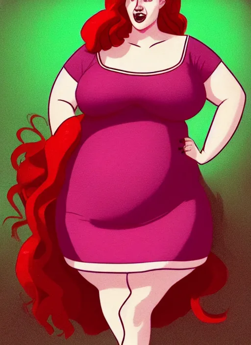 Image similar to full body portrait of teenage cheryl blossom, obese, bangs, green eyes, sultry, realistic, red hair, sultry smirk, wavy hair, pink skirt, fat, intricate, elegant, glowing lights, highly detailed, digital painting, artstation, concept art, smooth, sharp focus, illustration, art by wlop, mars ravelo and greg rutkowski