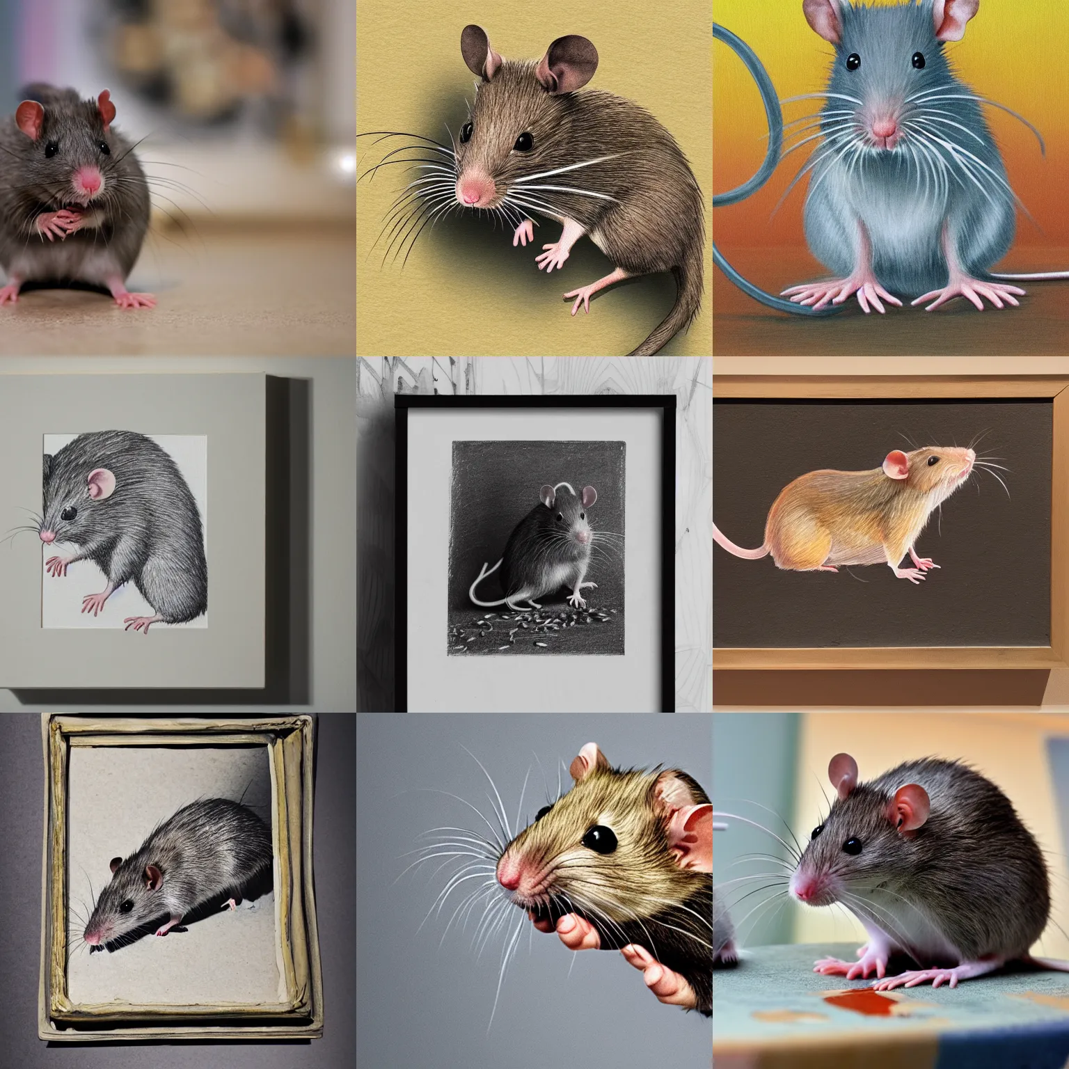 Prompt: photo of a rat presenting art