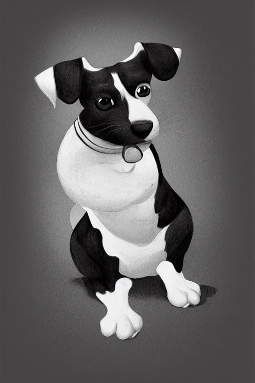 Prompt: cute jack black and white russel terrier laying on dog bed, large round eyes, concept art, game art, character design, fantasy illustration, sketch by cory loftis and bill schwab