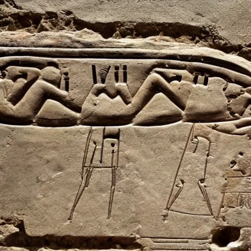 Prompt: ancient hieroglyphs from an alternate universe carved in stone just discovered at a archeological site