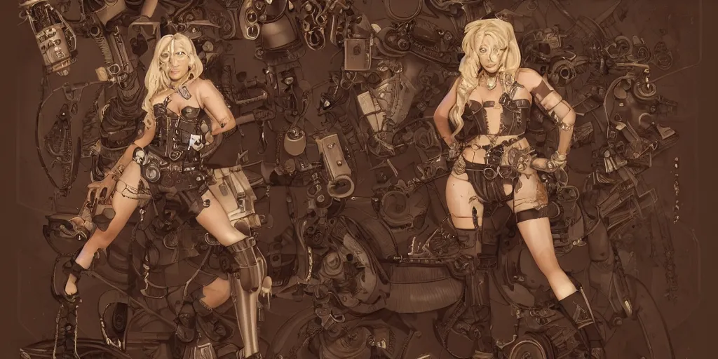 Image similar to steampunk britney spears, character sheet, concept design, contrast, kim jung gi, greg rutkowski, zabrocki, karlkka, jayison devadas, trending on artstation, 8 k, ultra wide angle, pincushion lens effect