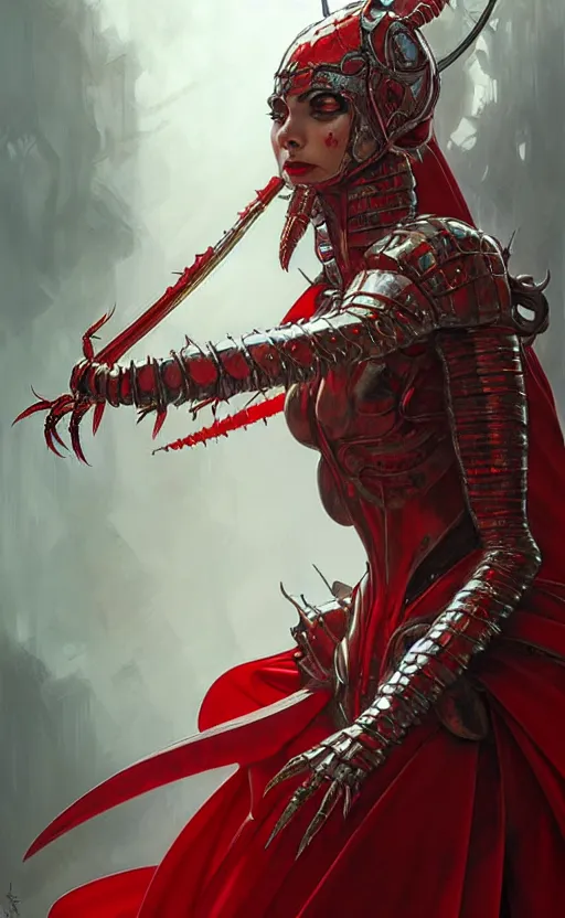 Prompt: Gothic crustacean warrior queen in red and white chitin armor, fantasy, highly detailed, digital painting, artstation, concept art, smooth, sharp focus, illustration, art by artgerm and greg rutkowski and alphonse mucha