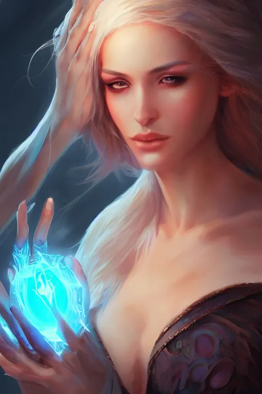 Prompt: beautiful sorceress, accurate anatomy, only two hands, highly detailed, digital painting, artstation, concept art, smooth, sharp focus, illustration, Unreal Engine 5, 8K, art by sakimichan, Artgerm, Ross Tran, greg rutkowski