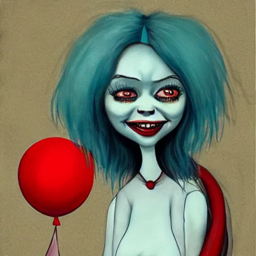 Image similar to grunge cartoon painting of kylie jenner with a wide smile and a red balloon by chris leib, loony toons style, pennywise style, corpse bride style, horror theme, detailed, elegant, intricate