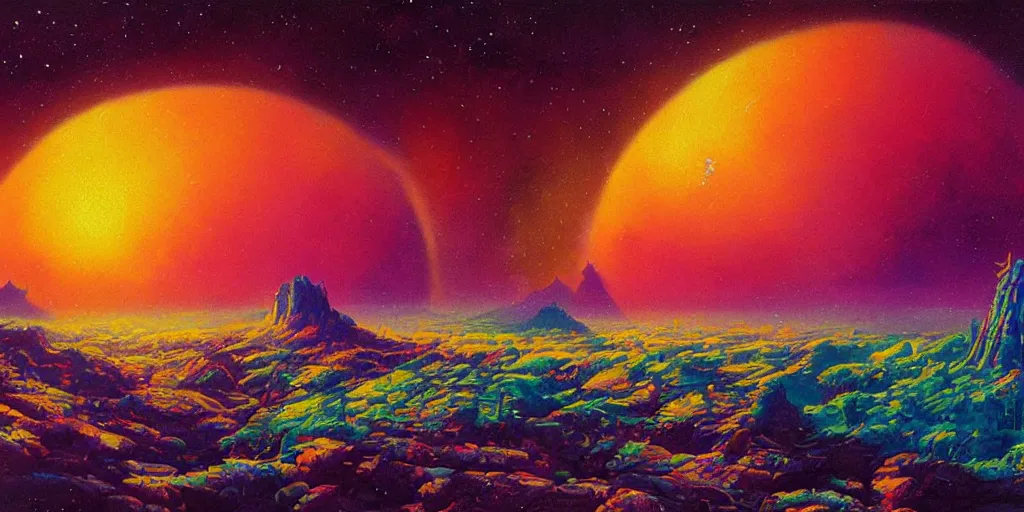 Prompt: Gorgeous detailed painting of a vast landscape of the terrain of an unknown alien planet, bright , vibrant coloured , Paul Lehr