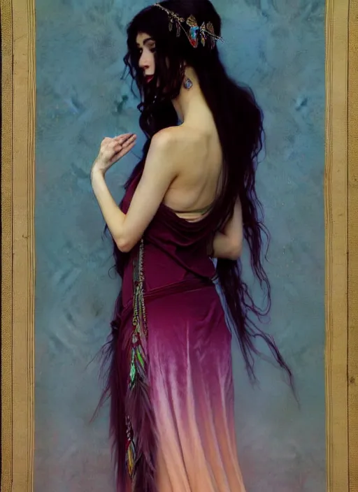 Image similar to ombre velvet gown, feathers, lovely bohemian princess, portrait, long white hair, tiara, dozens of jeweled necklaces, feral languid woman, by greg rutkowski, brom, anato finnstark, alphonse mucha