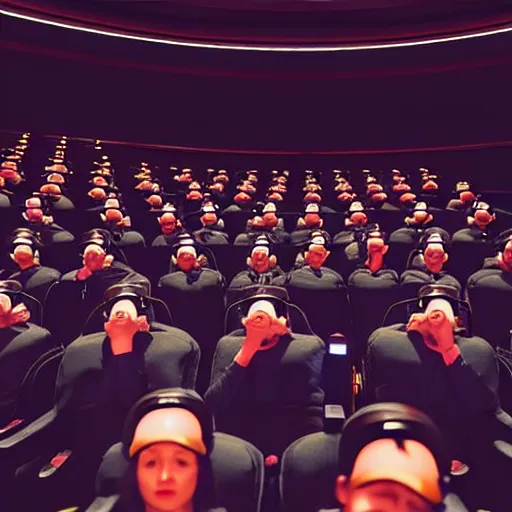 Image similar to people in a busy very dark movie theatre, all of they are wearing vr headsets with art direction by salvador dali, wide lens