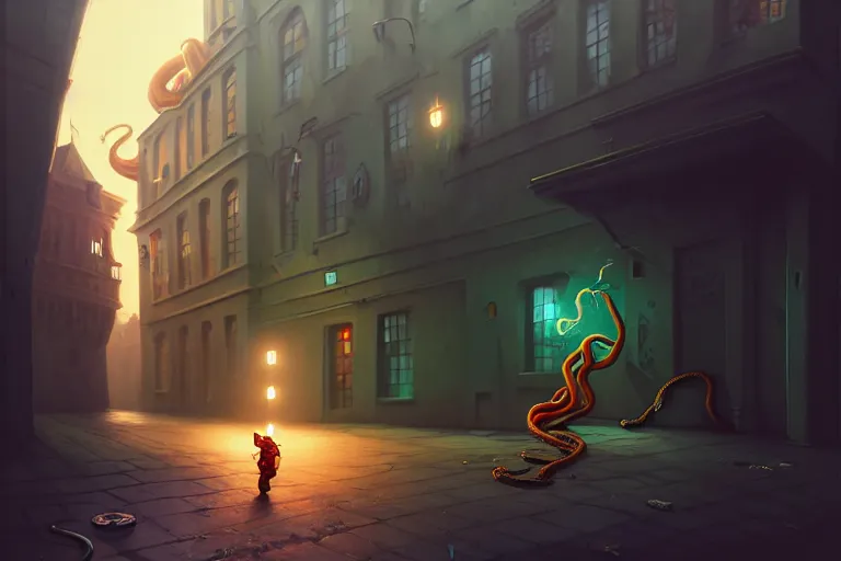 Prompt: the street in front of the castle surrounded by tentacles, a body in a hoodie lies on the street, an empty flask lies nearby, tentacles burst out of the body, peter mohrbacher style, ray tracing, octane render, cinematic, digital art, realistic, high quality, 8 k