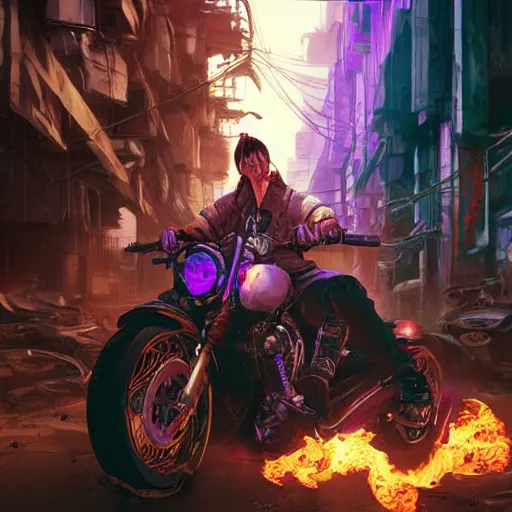 Prompt: portrait painting of a street samurai with long purple hair riding a motorcycle through a burning cyberpunk slum, glitchwave, ultra realistic, concept art, intricate details, eerie, highly detailed, photorealistic, octane render, 8 k, unreal engine. art by artgerm and greg rutkowski