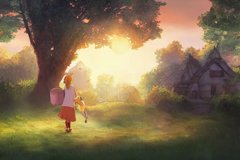 Image similar to a young girl walking to school with her pet fox, matte painting in the style of studio ghibli, early morning light, sunrise, cinematic lighting