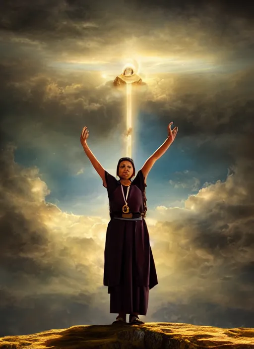 Image similar to incan female priest starring at the sky, with arms up, praying at the sky, realistic face, matte painting, fantasy art