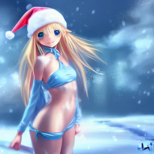 Image similar to full body shot : a very beautiful young blond anime girl on a snowstorm, santa hat, sky blue eyes,, bikini, miniskirt, highly detailed, cinematic wallpaper by stanley artgerm lau
