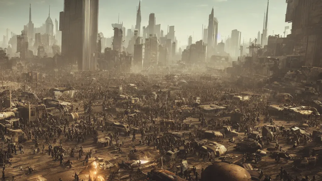 Prompt: low angle shot of a horde of people in a post-apocalyptic city, rich contrast, spaceships launching vertically in background, hyperrealistic, Cryengine 8k UHD
