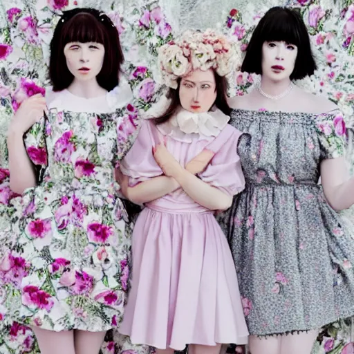 Prompt: renaissance, realistic, group of creepy young ladies pink cheeks wearing renaissance harajuku manga dress pale grey and white flowers, background chaotic flowers