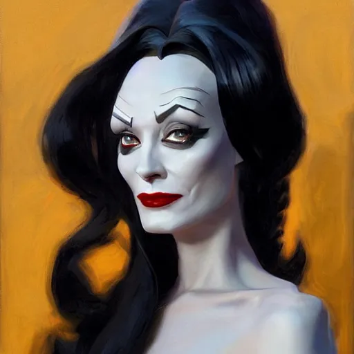 Image similar to greg manchess portrait painting of partially armored morticia from addams family as overwatch character, medium shot, asymmetrical, profile picture, organic painting, sunny day, matte painting, bold shapes, hard edges, street art, trending on artstation, by huang guangjian and gil elvgren and greg rutkowski