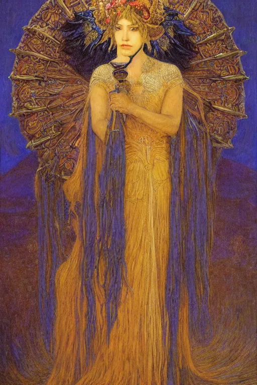 Image similar to queen of twilight with her lantern, by jean delville and Annie Swynnerton and Diego Rivera and Gaston Bussière and Tino Rodriguez , elaborate headdress and embroidered velvet, iridescent beetles, rich color, dramatic cinematic lighting, extremely detailed