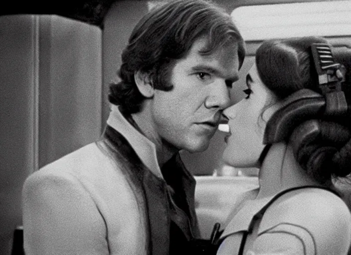 Image similar to screenshot of Han Solo dressed up as an imperial officer kissing Princess Leia Organa, iconic scene from 1970s thriller film directed by Stanley Kubrick, in a sci-fi shipping port, last jedi, 4k HD, cinematic lighting, beautiful portraits of Harrison Ford and Carrie Fischer, moody, stunning cinematography, anamorphic lenses, kodak color film stock