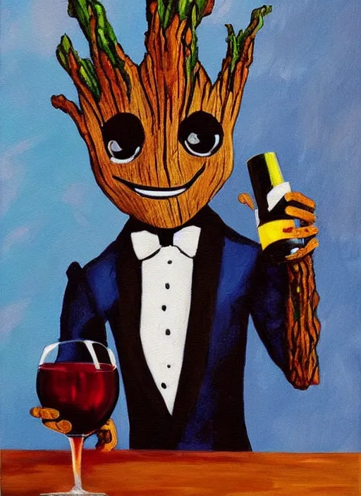 Prompt: painting of the groot as a gentleman wearing tuxedo drinking wine, vivid colors, masterpiece, artwork