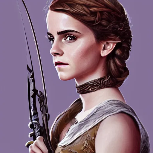 Prompt: Emma Watson as archer, cute, fantasy, intricate, elegant, highly detailed, centered, digital painting, artstation, concept art, smooth, sharp focus, illustration, art by AbyssWolf