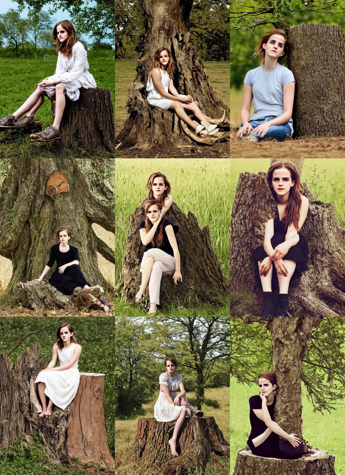 Prompt: portrait of emma watson sitting on a tree stump in a field