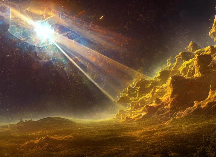 Prompt: a photo of giant interdimensional fractal creatures falling from the sky in the distance, a vast landscape with lush hills, dust particles, natural lighting, awe inspiring, wide angle, cinematographic, subtle lens flare