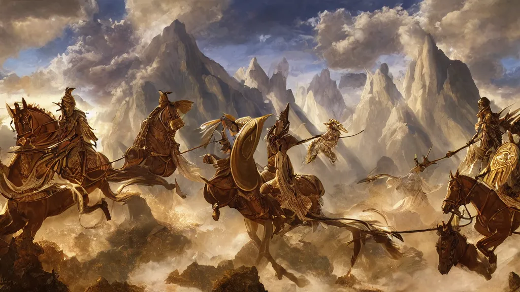 Image similar to high fantasy landscape, in a style blend of kunstler and leyendecker and rockwell, fine art, volumetric lighting, intricate details