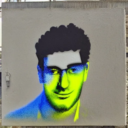 Prompt: “Spray paint stencil portrait of a clean shaven Jewish guy in his 30s on the textured city wall, colorful, but very good looking, sunlight is falling on the wall”