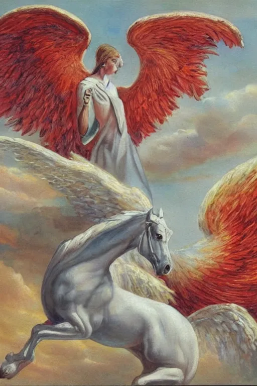 Image similar to this painting seems to depict a wingless angel on a horse who looks down at the ground beneath him. meanwhile, above him is a twisting funnel of angry red fire.