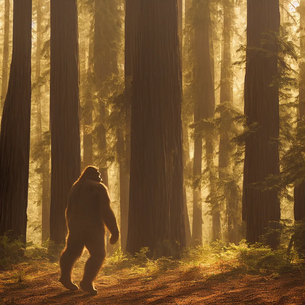 Prompt: bigfoot walking in the california redwoods, golden hour, illuminated fog, award winning photography, 2 0 0 mm, f 2. 8, 8 k