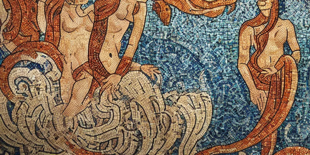 Prompt: ancient roman mosaic of beautiful gingerhead mermaid with long tail, dolphins, fishes, stylised, detailed, dynamic light