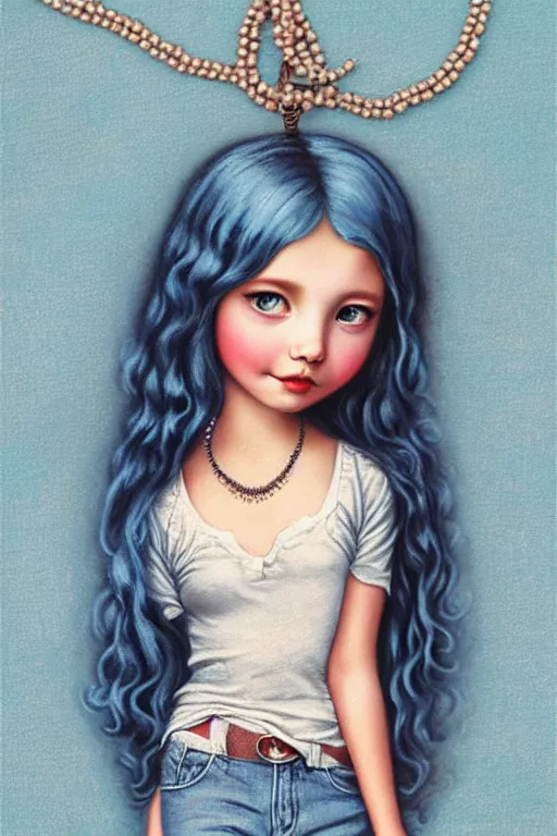 Image similar to matte sharp painting cute little girl hippy denim bellbottom bead necklace, painted by mark ryden, artgerm, artstation behance storybook l