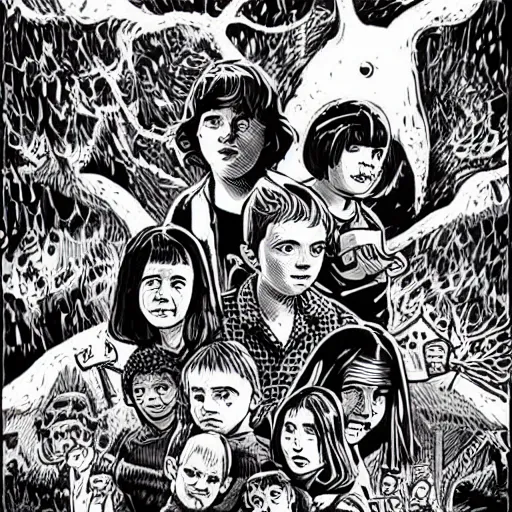 Image similar to mcbess illustration of strangers things kids