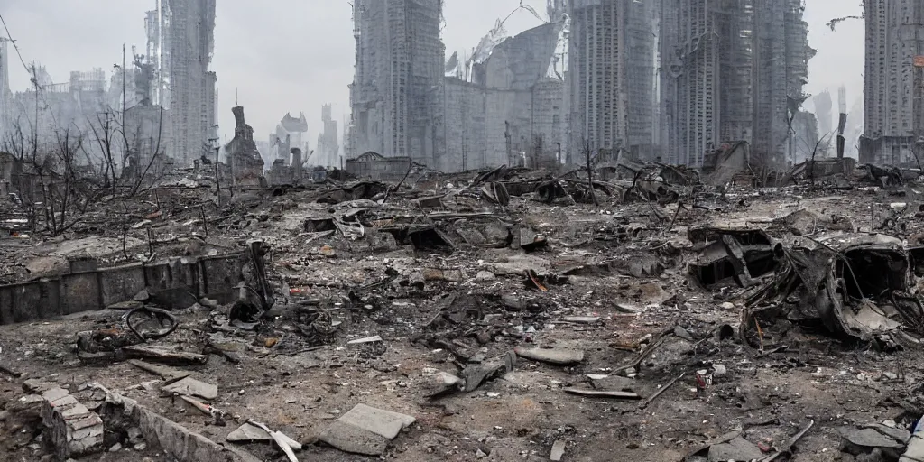 Image similar to one survivor in the middle of the ruins of cyberpunk moscow after the bombing, a minimum of surviving houses, a dim sky, a dead city