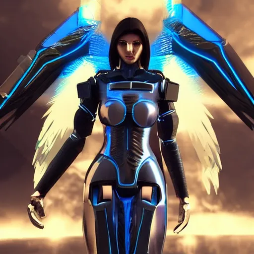 Prompt: tall female cyber angel, cyberpunk armor, flowing robes