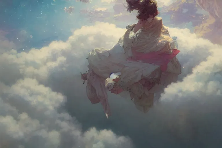 Prompt: a bed above the clouds and the stars, pastel sky, intricate, cinematic lighting, highly detailed, digital painting, artstation, concept art, smooth, sharp focus, illustration, art by Akihiko Yoshida, Greg Rutkowski and Alphonse Mucha