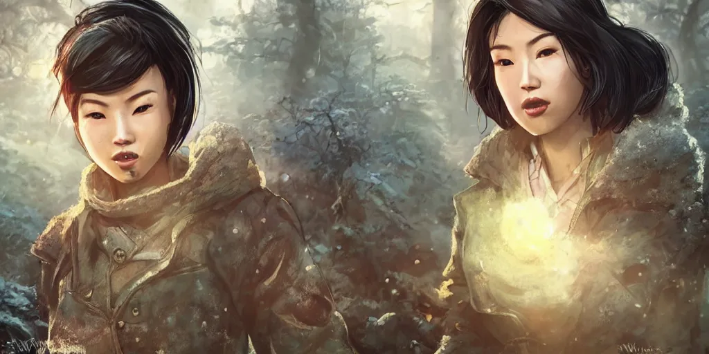 Image similar to fallout 5, charismatic beautiful rugged asian female protagonist, portrait, outdoors in forest, tori gate!!! and shinto shrine!!! in the background, atmospheric lighting, painted, intricate, volumetric lighting, daytime, winter, blizzard, sharp focus, ultra detailed, art by william turner and ross tran