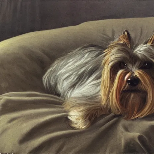 Image similar to an old happy brown and gray Yorkshire terrier dog lounging in a white bed, long hair, extremely detailed masterpiece, illustration, by Michael Sowa,