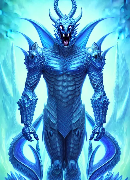 Image similar to muscular and tall blue ghostly fire humanoid dragon!!!! draconian!! intricate ornate iridescent heavy armor!! character concept art, sharp focus, octane render! unreal engine 5! highly rendered!! trending on artstation!! detailed linework!! illustration by artgerm, wlop, and chie yoshii