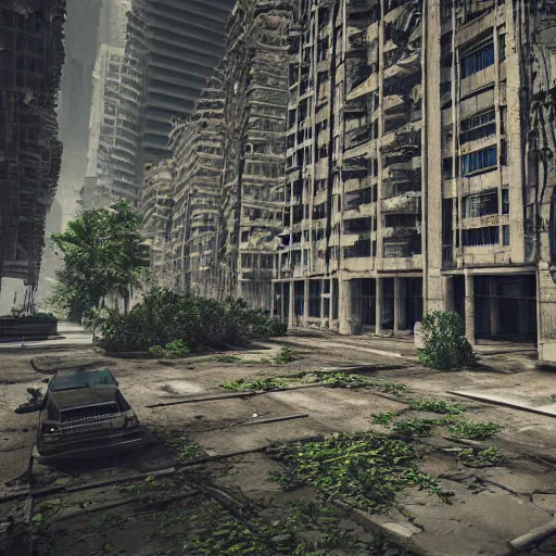 Image similar to a deserted city, empty buildings with vegetation, post apocalyptic, deserted, corruped architecture, trending on artstation, deviantart, high detail, high definiton, high quality, ultra realistic, hyper realistic, 4 k uhd,